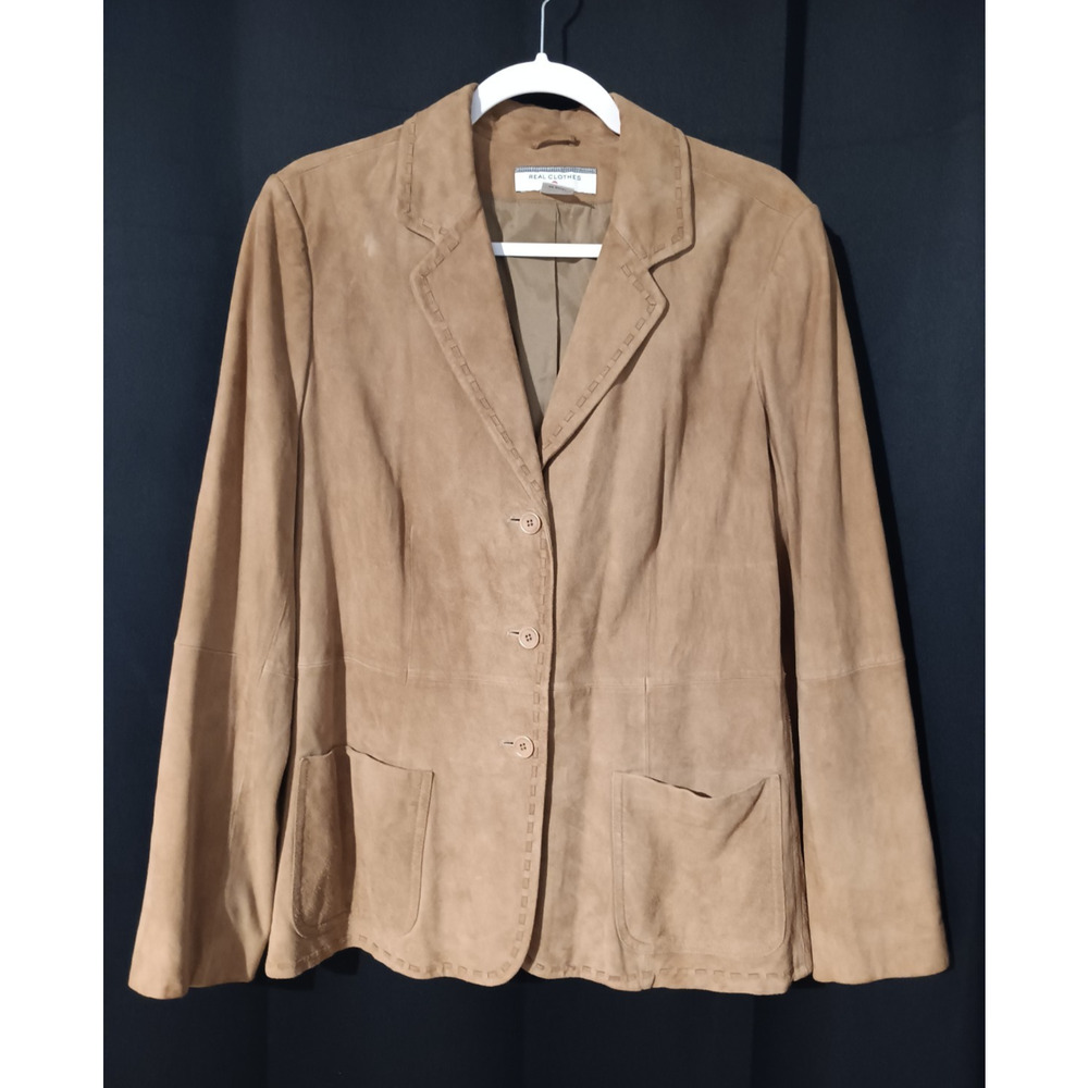 Real Clothes Saks Fifth Ave Womens 12 Tan Brown Suede Button Up Laced Hem Jacket